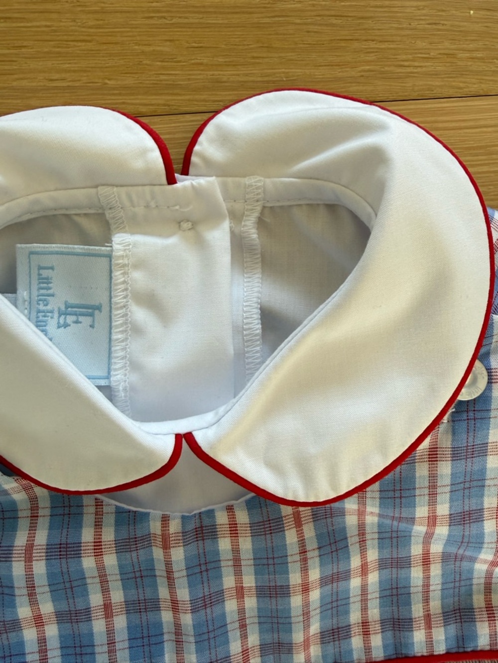 Little English Blue and Red Plaid Smocked Train Shortall - Picture 3 of 5